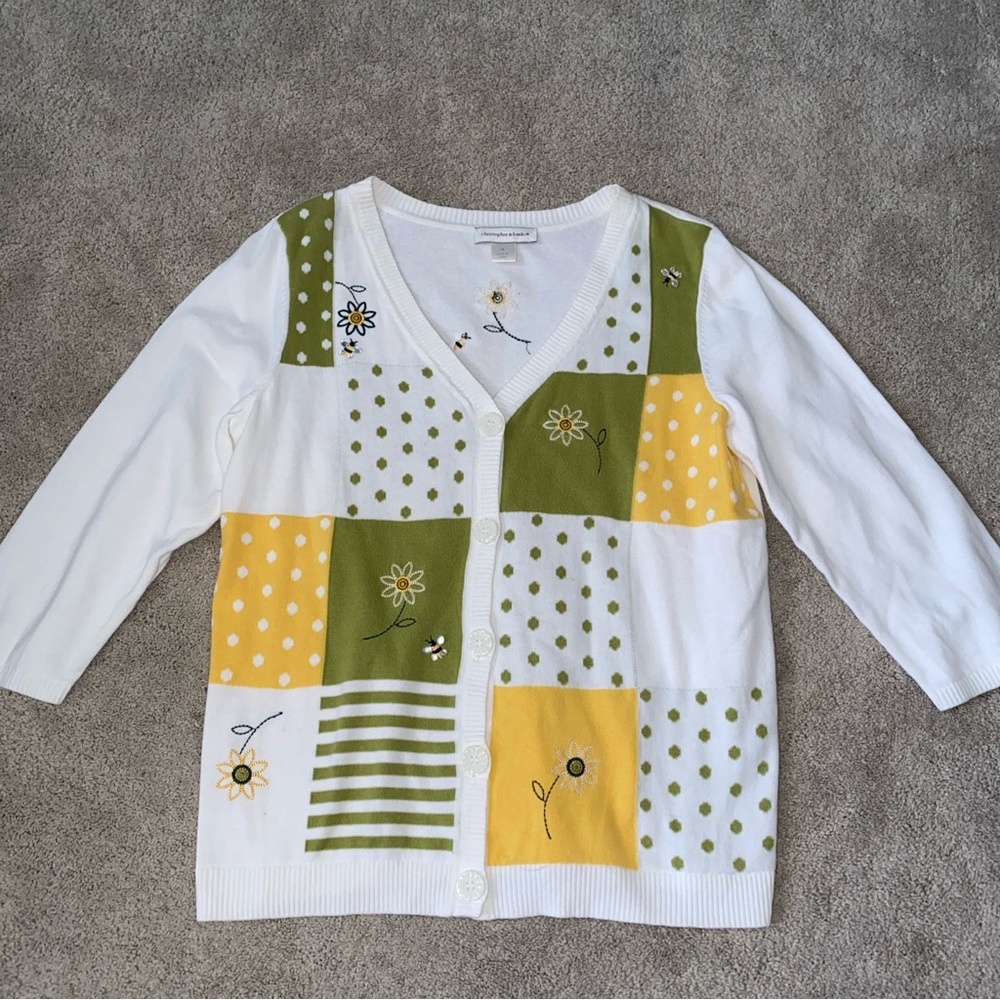 Christopher & Banks Sweater Embroidered‎ Bees Flowers Cardigan  Women’s Medium